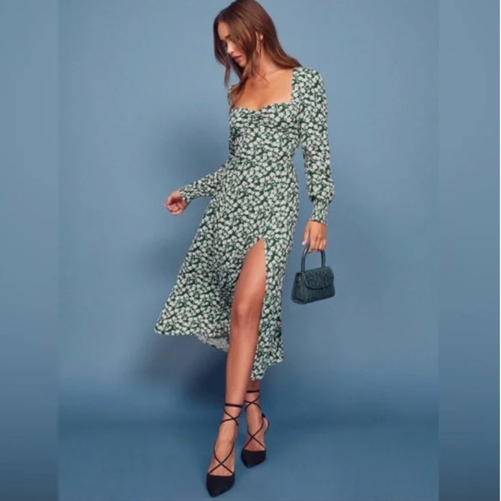 Reformation Belvedere Wallflower Midi Green and White floral dress xs / 0